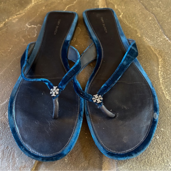 Tory Burch Navy Velvet Classic pave Logo Flip Flop Size 10‎ - Picture 1 of 4